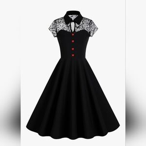 Chic Black Midi Dress with Red Button Detail